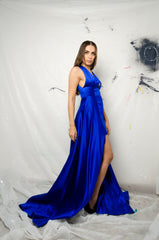 Blue Geometric Silk Gown - ZAID FAROUKI