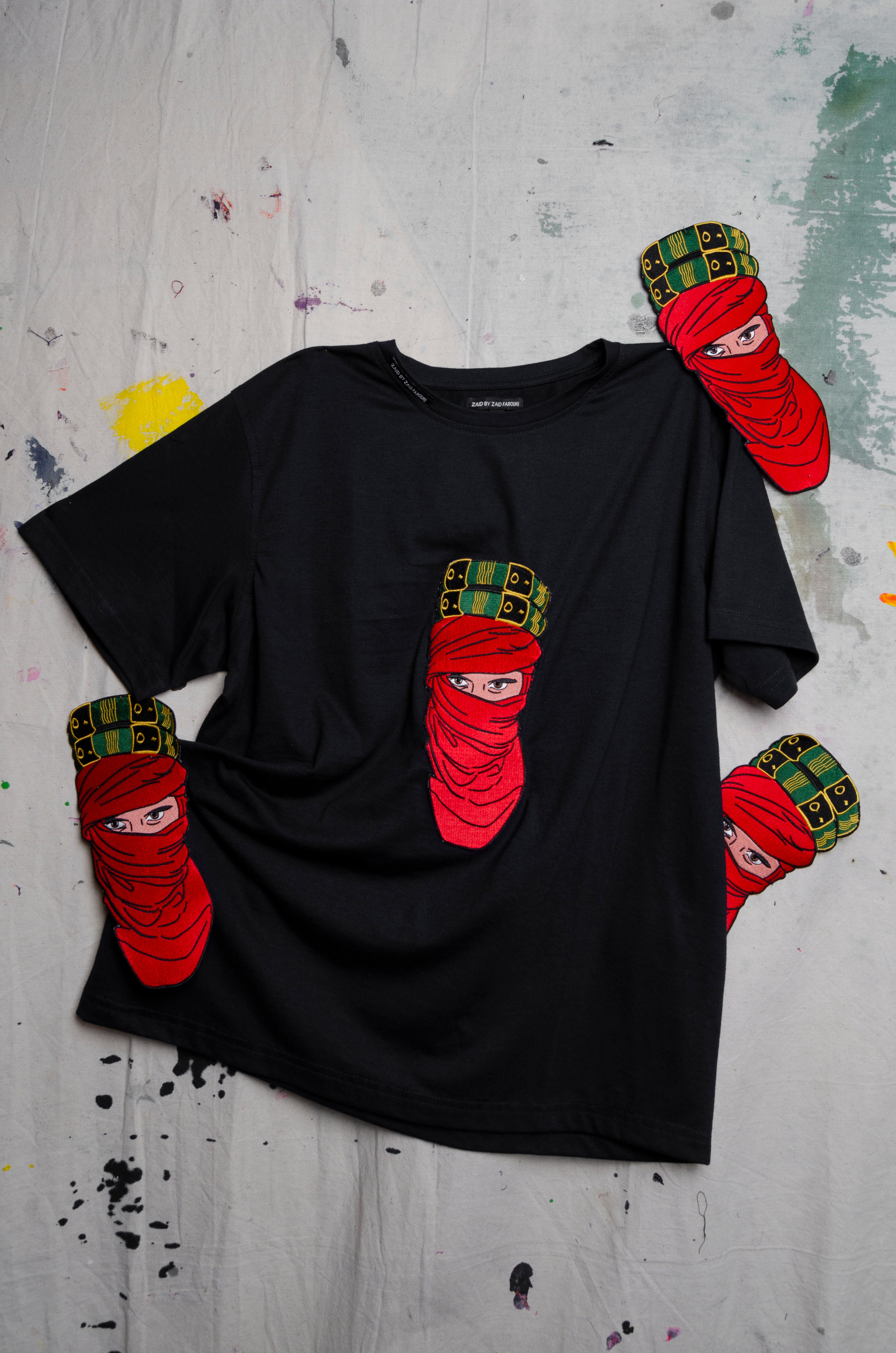 UAE 50th National Day Mystique Black T-shirt w/ Red Face Embroidery - ZAID FAROUKI