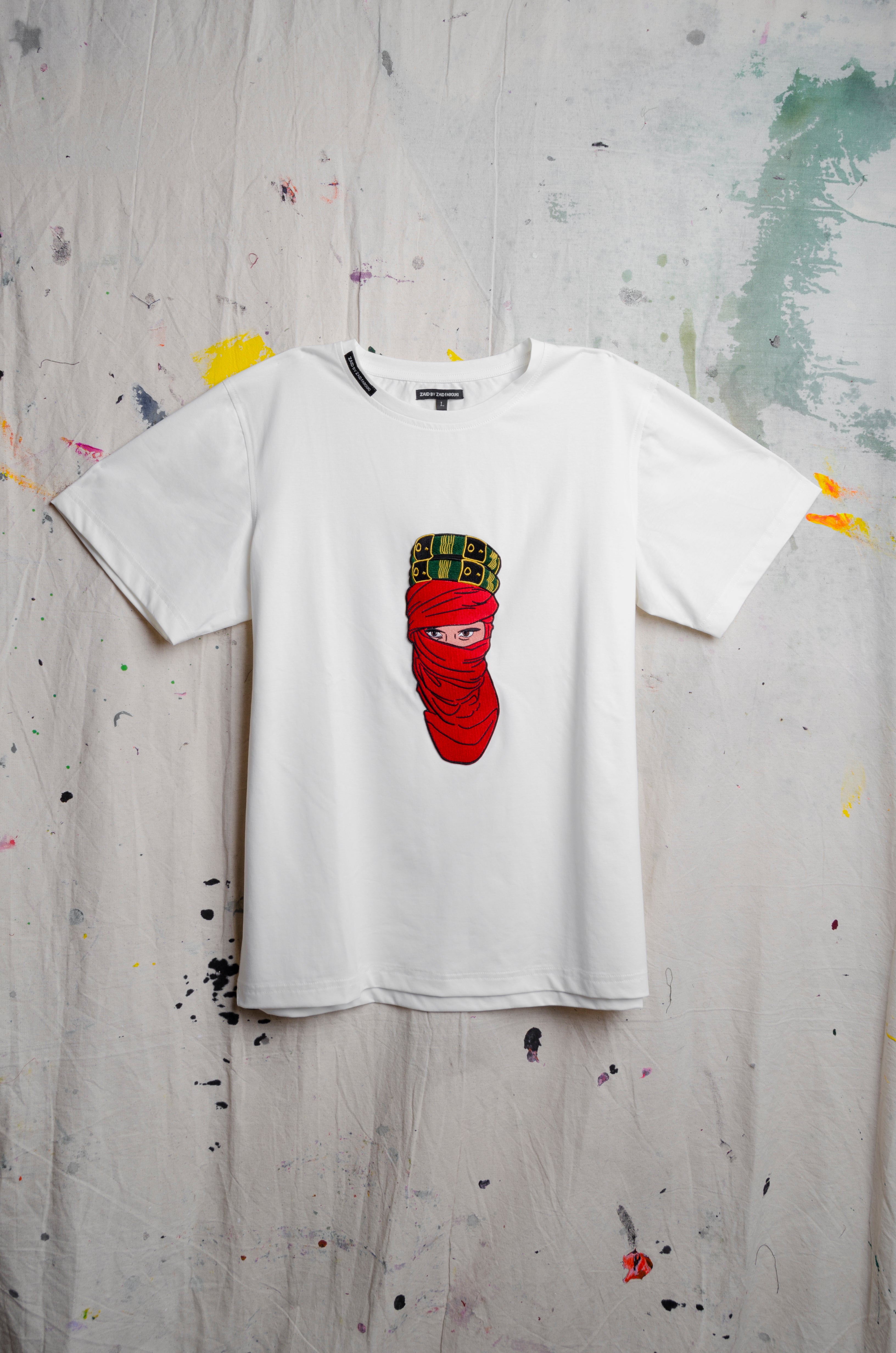 UAE 50th National Day Mystique White T-shirt w/ Red Face Embroidery - ZAID FAROUKI