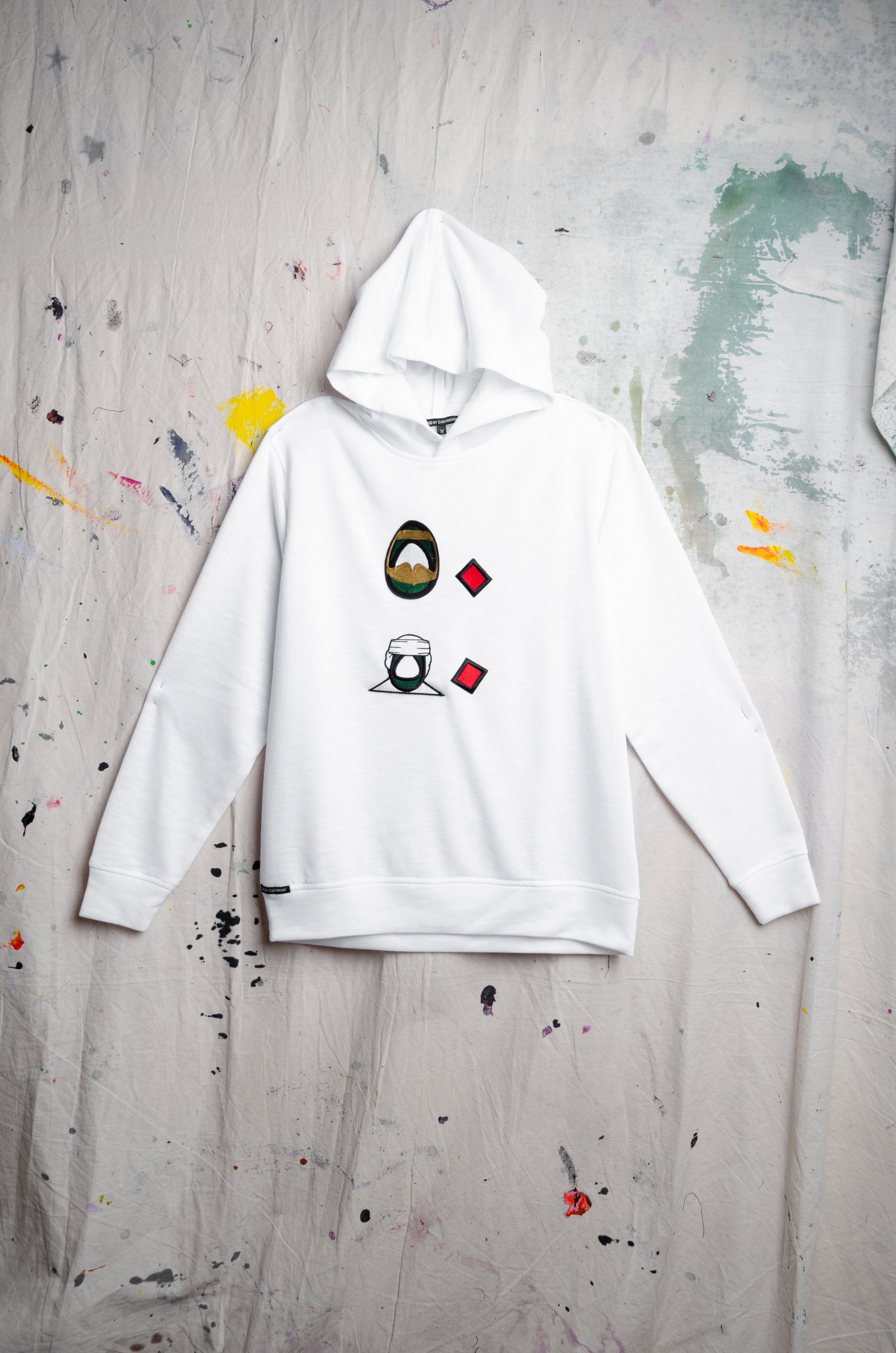 UAE 50th National Day White Hoodie w/ Emirati Man & Woman Face Embroidery - ZAID FAROUKI