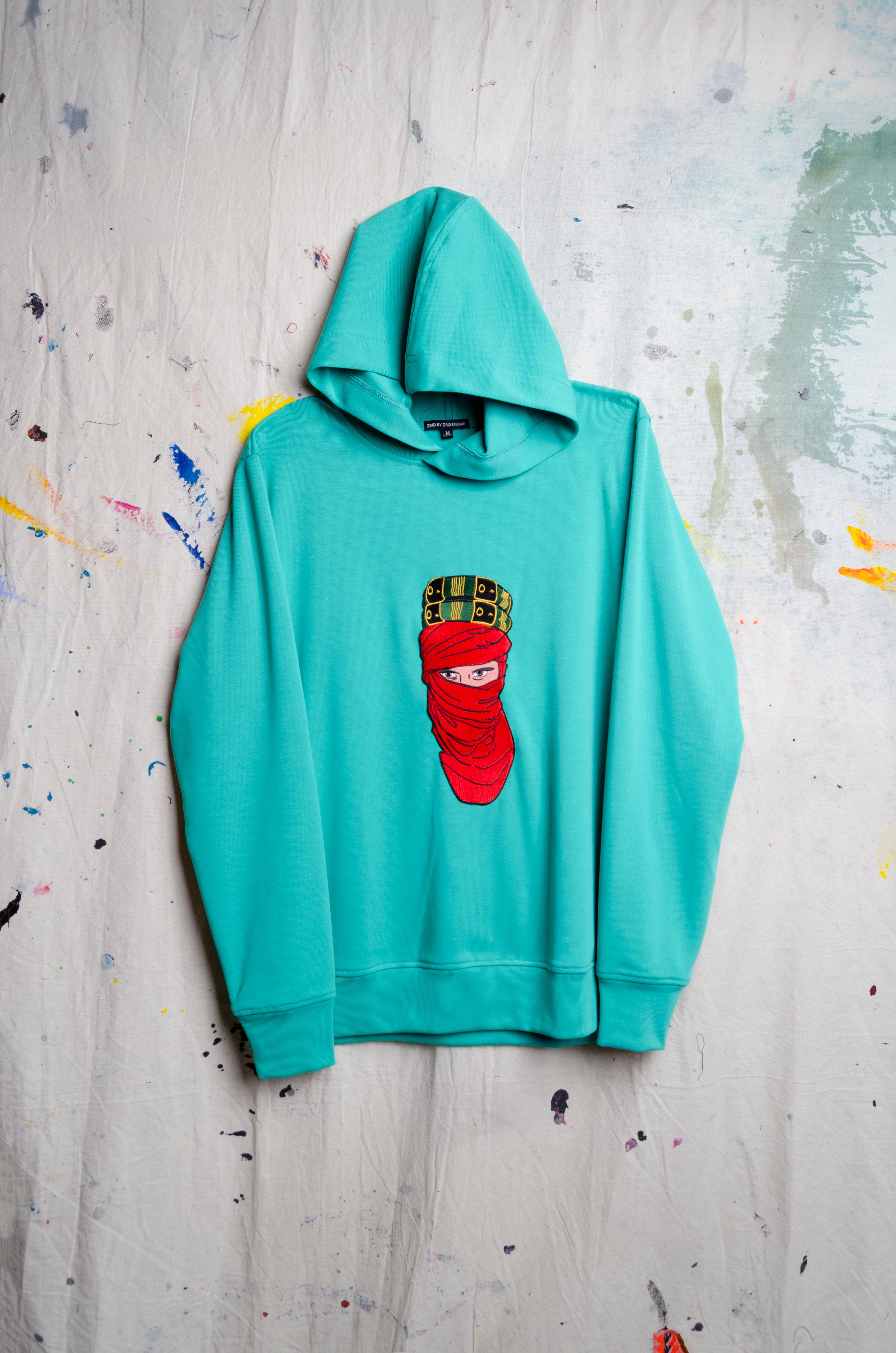 UAE 50th National Day Mystique Green Hoodie w/ Red Face Embroidery - ZAID FAROUKI